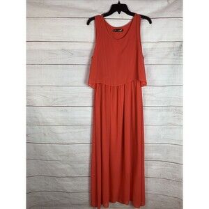 Dress Maxi Red Orange Coral Long lined elastic Large 10 12 M sleeveless Bright